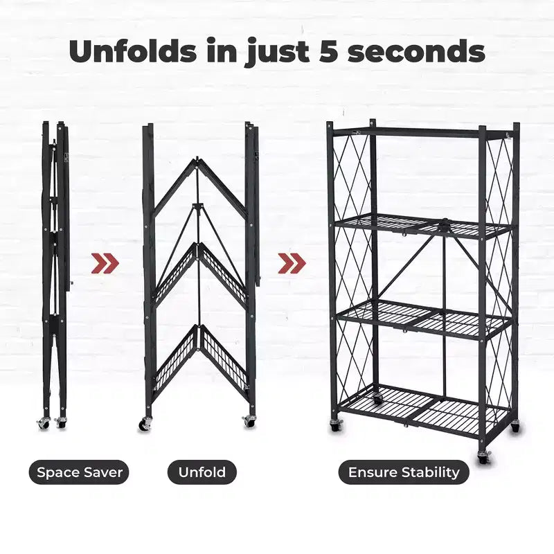 Scaffale portaoggetti pieghevole a 4 ripiani per carichi pesanti Origami con set di 4 rivestimenti magnetici per mensole in filo metallico