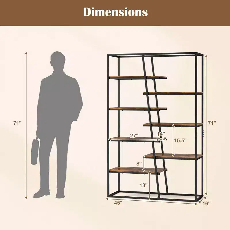 Libreria alta 71" con struttura in metallo resistente, libreria a etagere industriale a 7 ripiani