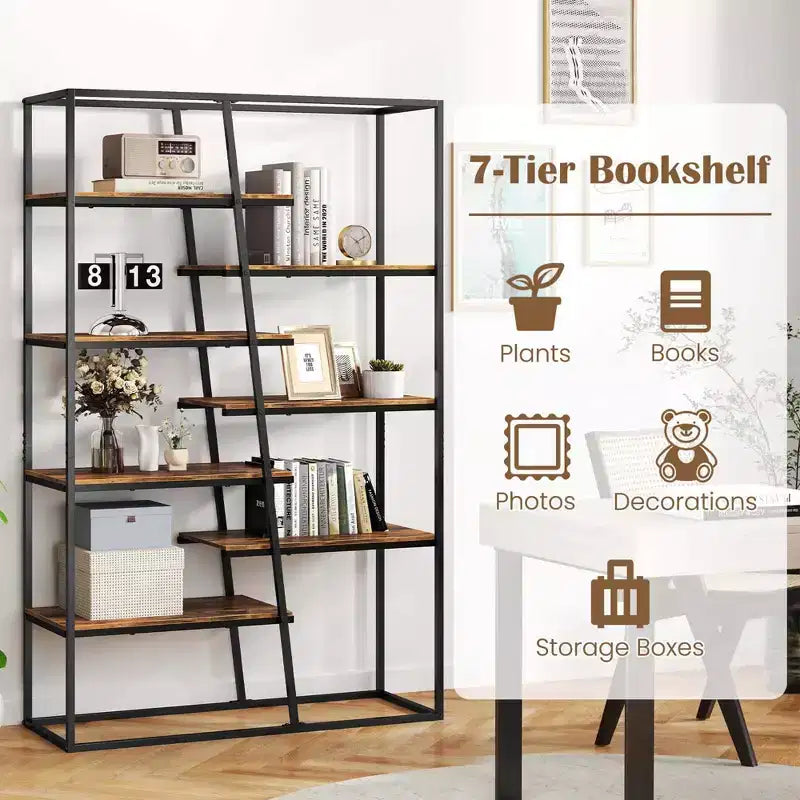 Libreria alta 71" con struttura in metallo resistente, libreria a etagere industriale a 7 ripiani