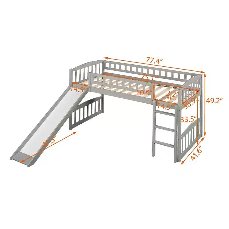 Whisen Letto a soppalco in legno con scivolo e scaletta, 196,6 cm L x 225,8 cm W, dimensione doppia