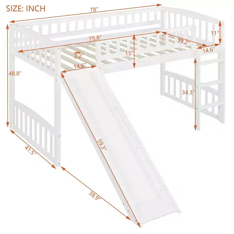 Whisen Letto a soppalco in legno con scivolo e scaletta, 196,6 cm L x 225,8 cm W, dimensione doppia