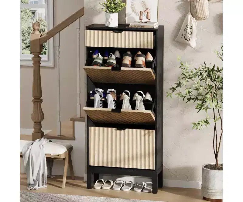 Scarpiera Garvee a 3 cassetti - Design scanalato stile rustico con gambe in metallo, organizer sottile per ingresso/corridoio, Bianco+rovere/Nero+rovere/Bianco+grigio