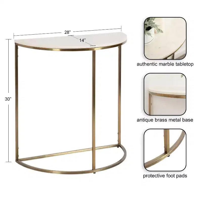 Tavolo Consolle Semicircolare in Marmo Kate and Laurel Dorrah, 71x35.5x76 cm, Bianco