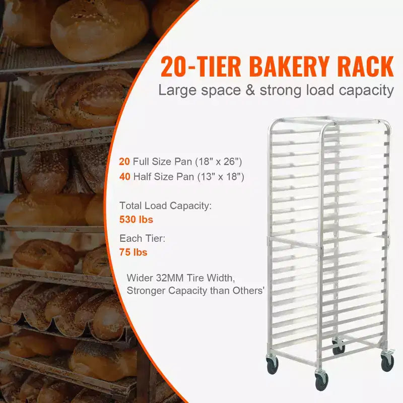 VEVOR Carrello Portateglie a 20 Livelli, Carrello Portateglie Commerciale con Ruote Freno, Carrello di Stoccaggio in Alluminio per Teglie Mezze e Intere, 66 x 51,8 x 177,8 cm