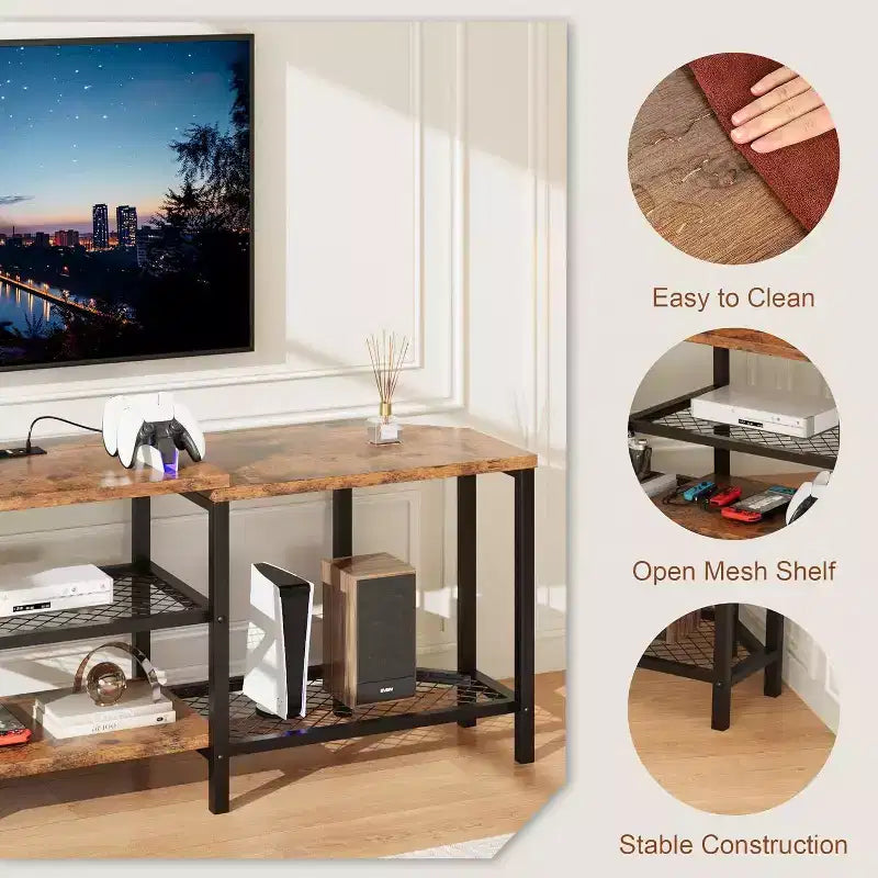 Mobile porta TV Acekool da 67 pollici con luci LED, prese di corrente e 4 ripiani aperti, console multimediale grigia per TV da 55/65/75 pollici, centro di intrattenimento ad angolo