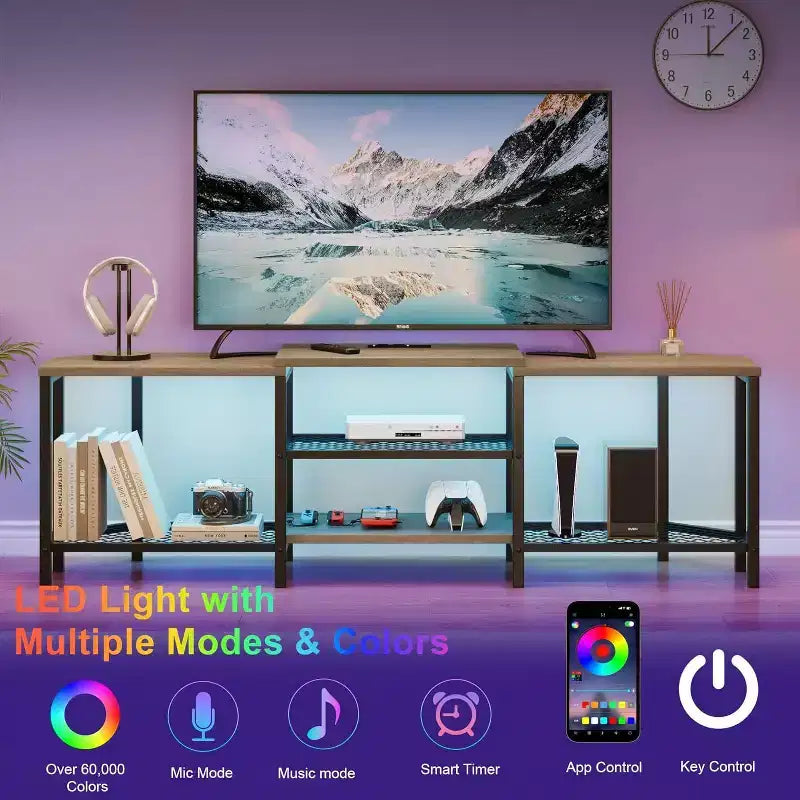 Mobile porta TV Acekool da 67 pollici con luci LED, prese di corrente e 4 ripiani aperti, console multimediale grigia per TV da 55/65/75 pollici, centro di intrattenimento ad angolo