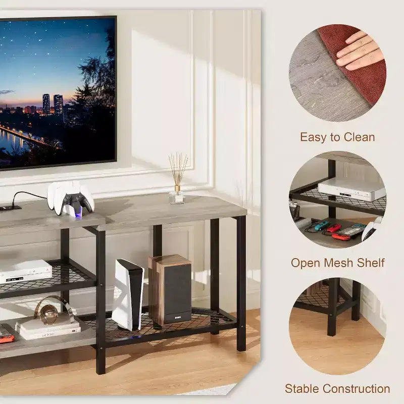 Mobile porta TV Acekool da 67 pollici con luci LED, prese di corrente e 4 ripiani aperti, console multimediale grigia per TV da 55/65/75 pollici, centro di intrattenimento ad angolo