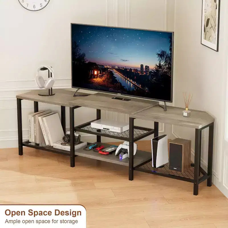 Mobile porta TV Acekool da 67 pollici con luci LED, prese di corrente e 4 ripiani aperti, console multimediale grigia per TV da 55/65/75 pollici, centro di intrattenimento ad angolo