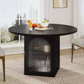 JVNOXK 47round dining table with modern base, striped glass doors with storage cabinet, seats 4 to 6 people, ideal for apartments or small spaces