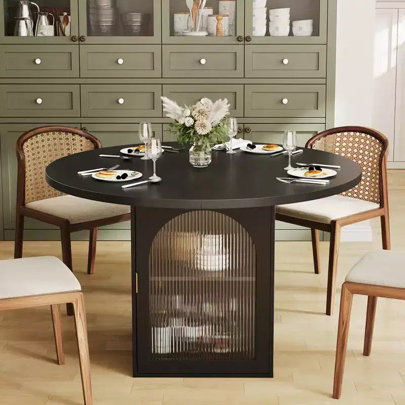 JVNOXK 47tavolo da pranzo rotondo con base moderna, ante in vetro a righe con mobile contenitore, posti a sedere da 4 a 6 persone, ideale per appartamenti o piccoli spazi