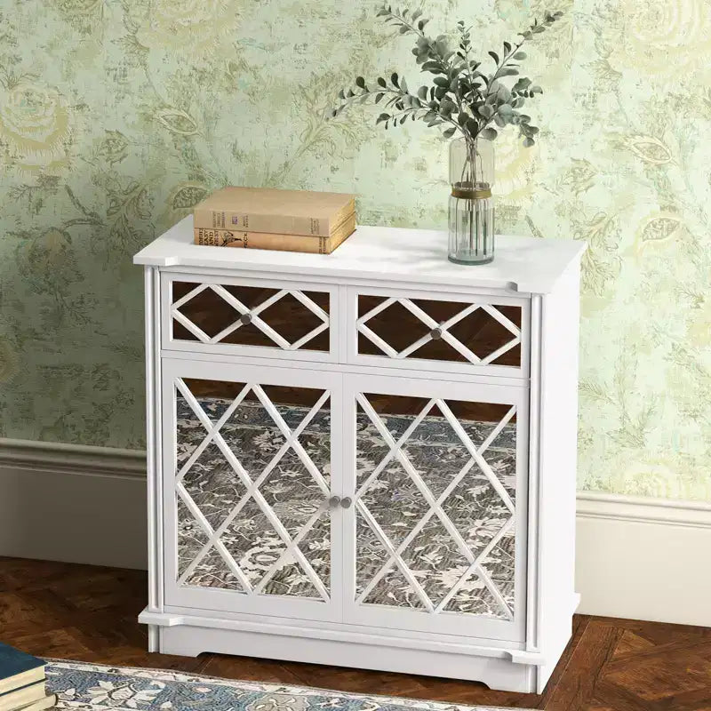Credenza a buffet Accent con 2 ante a specchio decorative e 2 cassetti estraibili, mobile contenitore moderno per soggiorno, camera da letto