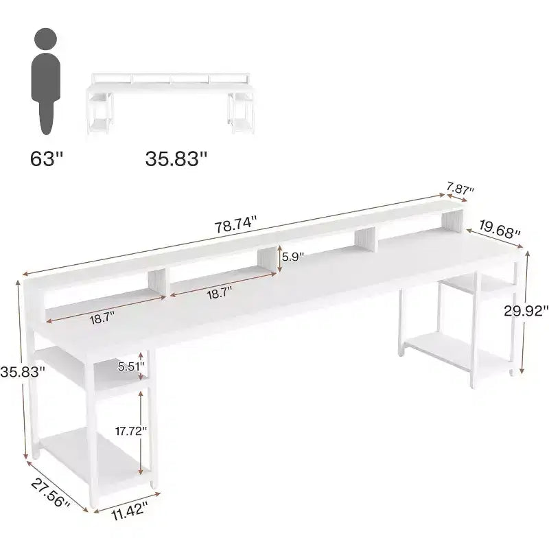 Scrivania biposto extra lunga da 199,90 cm con supporto per monitor e mensole, tavolo da lavoro bianco per ufficio domestico.