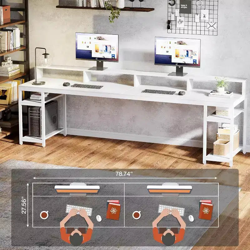 Scrivania biposto extra lunga da 199,90 cm con supporto per monitor e mensole, tavolo da lavoro bianco per ufficio domestico.