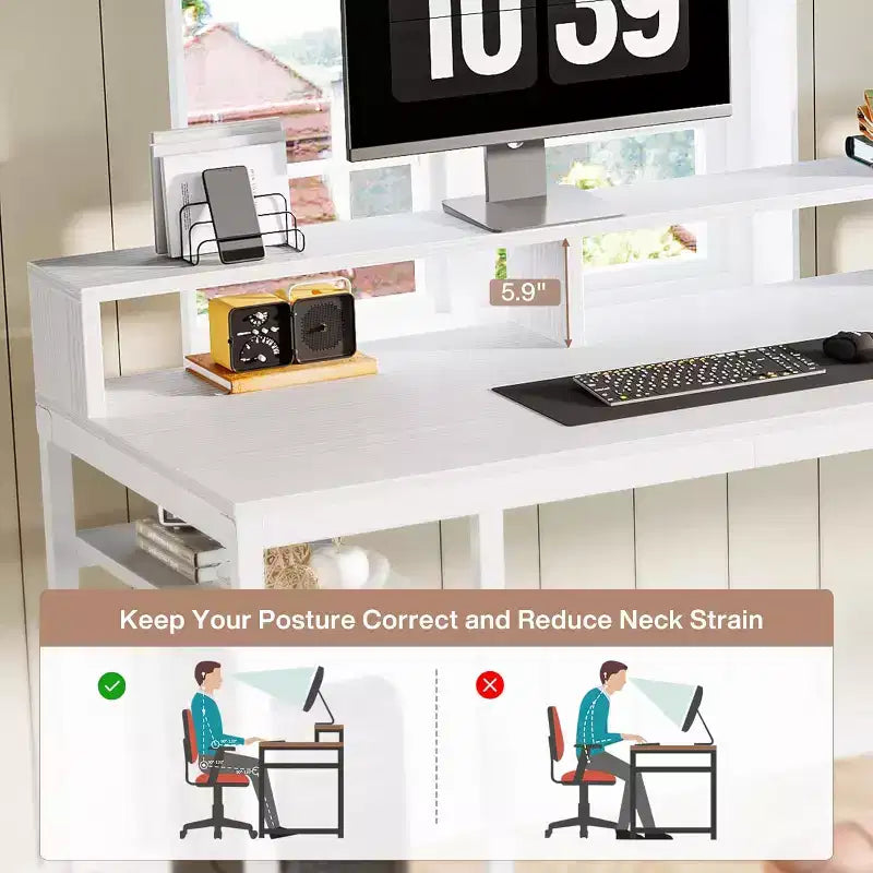 Scrivania biposto extra lunga da 199,90 cm con supporto per monitor e mensole, tavolo da lavoro bianco per ufficio domestico.