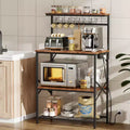Qwatto Kitchen Bakers Rack with Power Outlets 31.5 -inch Coffee Bar Station 4 Tier Microwave Stand Storage Shelf with S Hooks Brown Utility Table