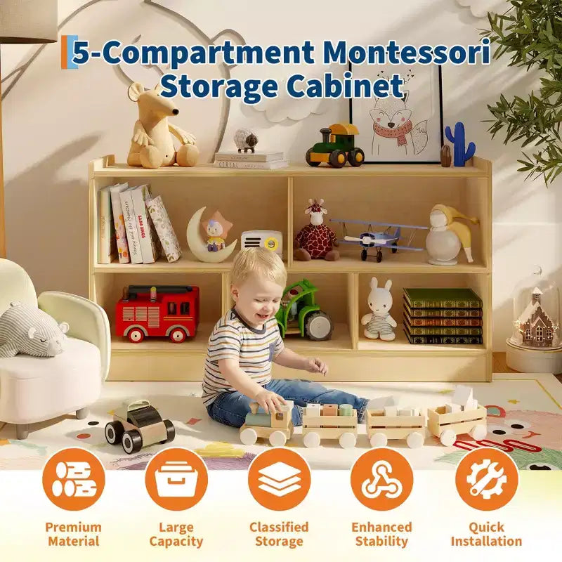 Scaffale in legno a 5 sezioni su 2 livelli, libreria a giorno per bambini con organizer per giocattoli per sala giochi, asilo nido, aula scolastica, scuola materna