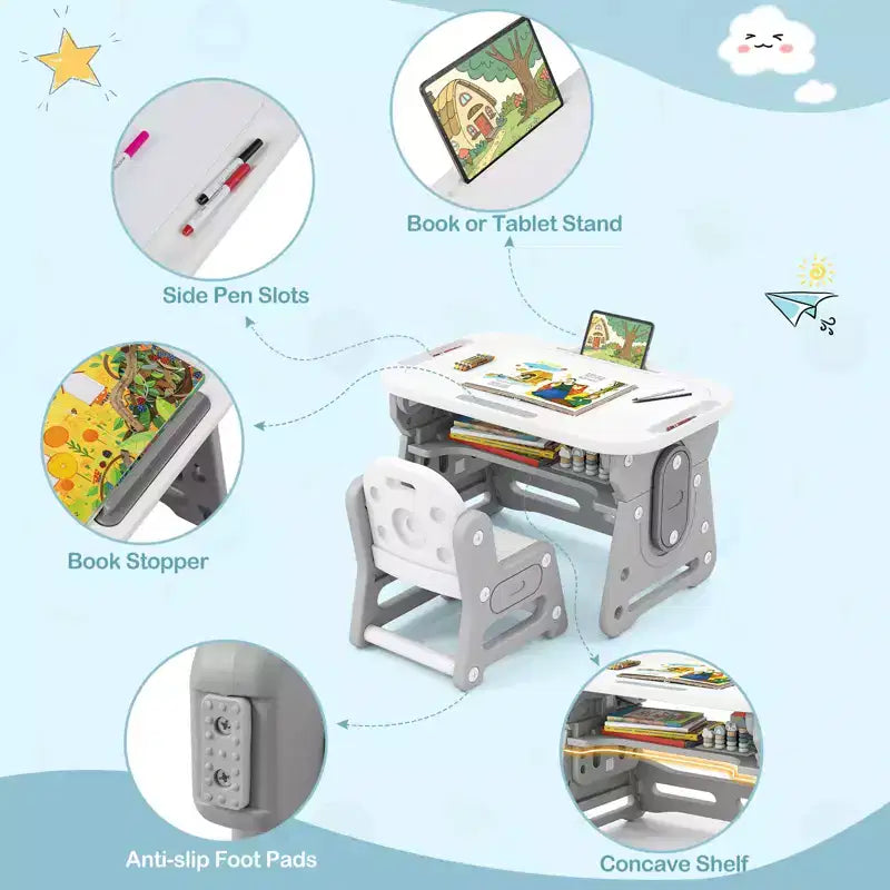 Set Tavolo e Sedie per Bambini Regolabile in Altezza, Tavolo da Disegno per Bambini con Leggio