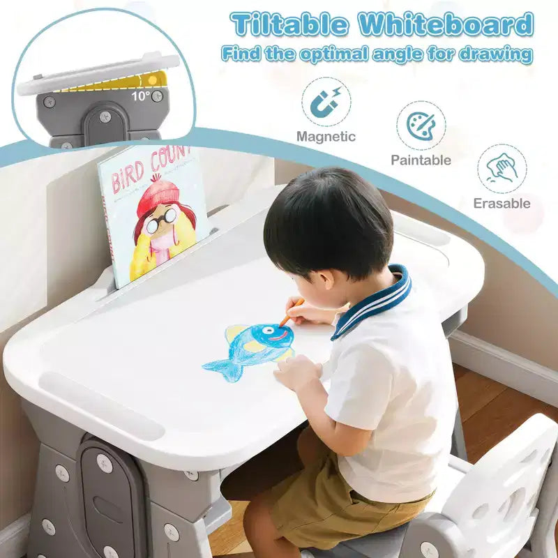 Set Tavolo e Sedie per Bambini Regolabile in Altezza, Tavolo da Disegno per Bambini con Leggio