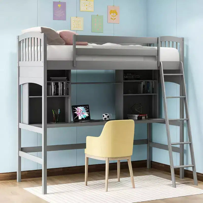 Letto a soppalco matrimoniale moderno con scrivania, mensole e scaletta regolabile
