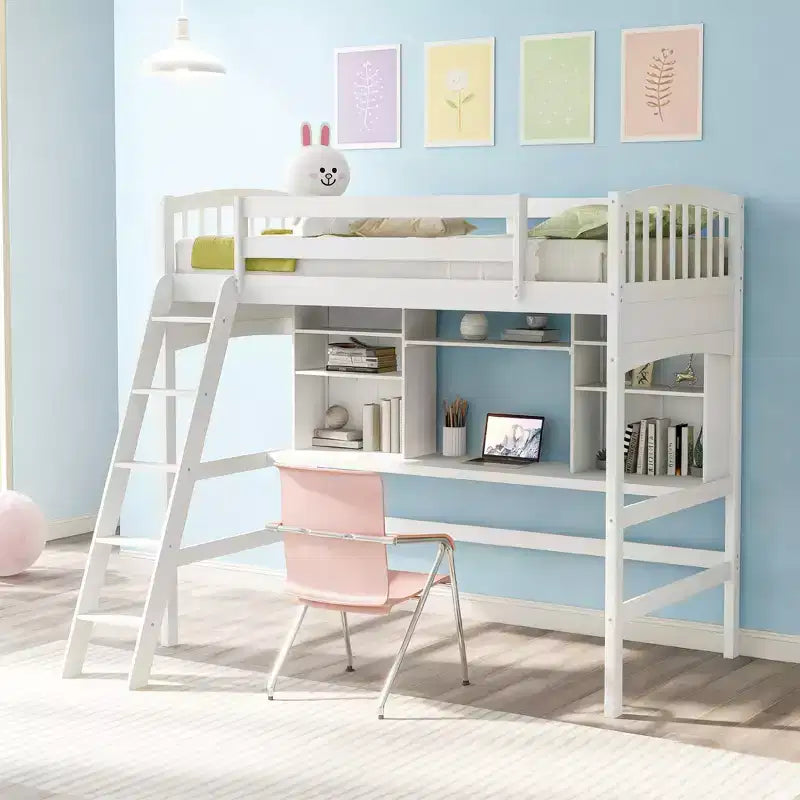 Letto a soppalco matrimoniale moderno con scrivania, mensole e scaletta regolabile