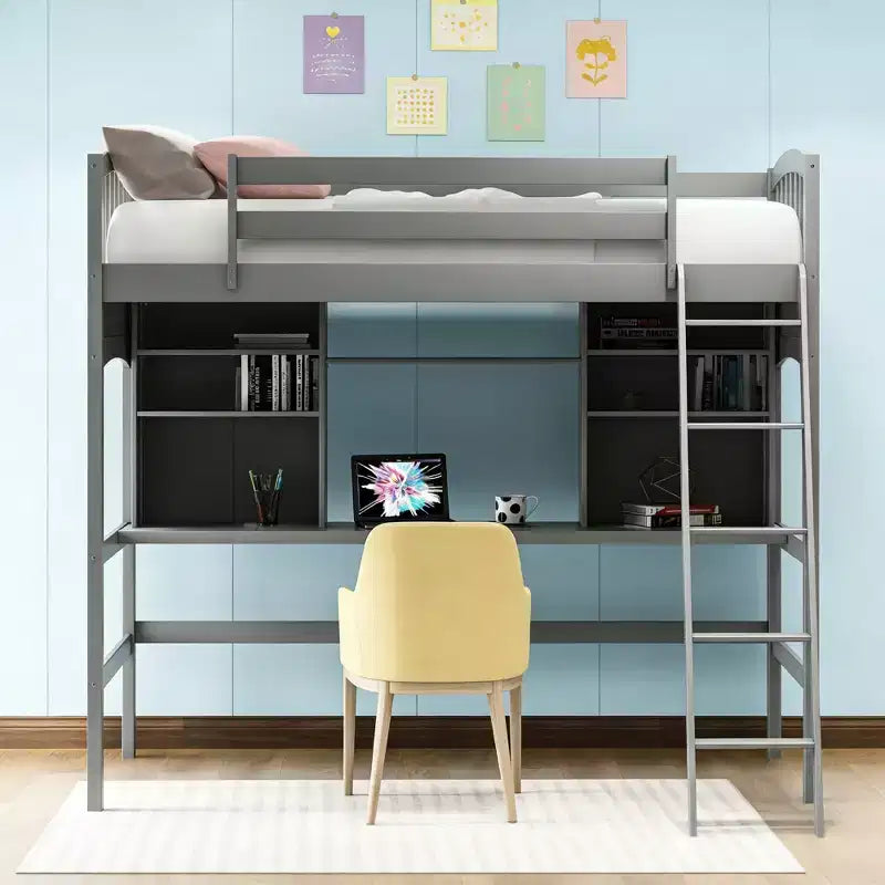 Luxystar Modern Twin Loft Bed with Desk, Storage Shelves and Adjustable Ladder