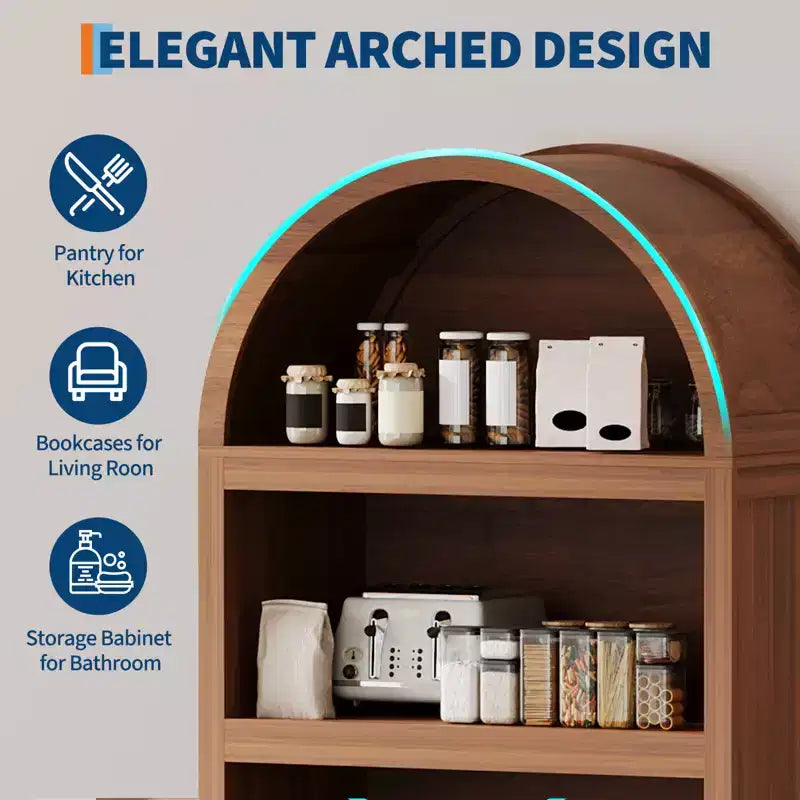 Dispensa alta ad arco Garvee 71, libreria ad arco a 5 ripiani con ante, armadio ad arco in legno con ripiano regolabile per sala da pranzo e soggiorno