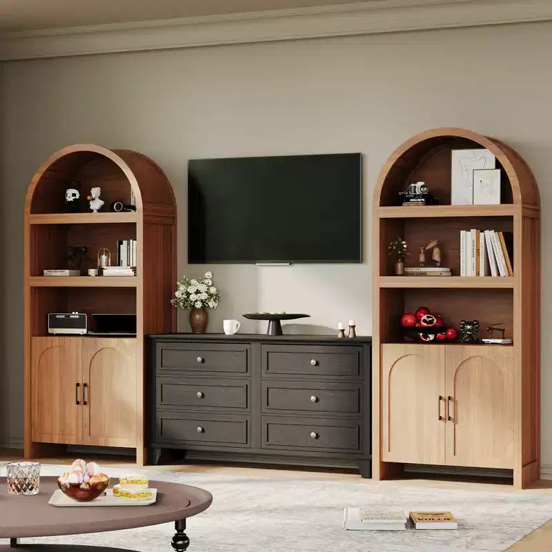 Dispensa alta ad arco Garvee 71, libreria ad arco a 5 ripiani con ante, armadio ad arco in legno con ripiano regolabile per sala da pranzo e soggiorno