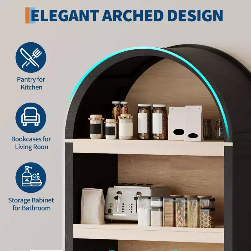 Dispensa alta ad arco Garvee 71, libreria ad arco a 5 ripiani con ante, armadio ad arco in legno con ripiano regolabile per sala da pranzo e soggiorno
