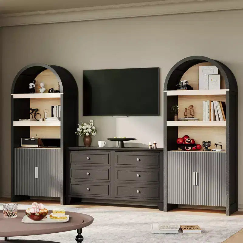 Dispensa alta ad arco Garvee 71, libreria ad arco a 5 ripiani con ante, armadio ad arco in legno con ripiano regolabile per sala da pranzo e soggiorno
