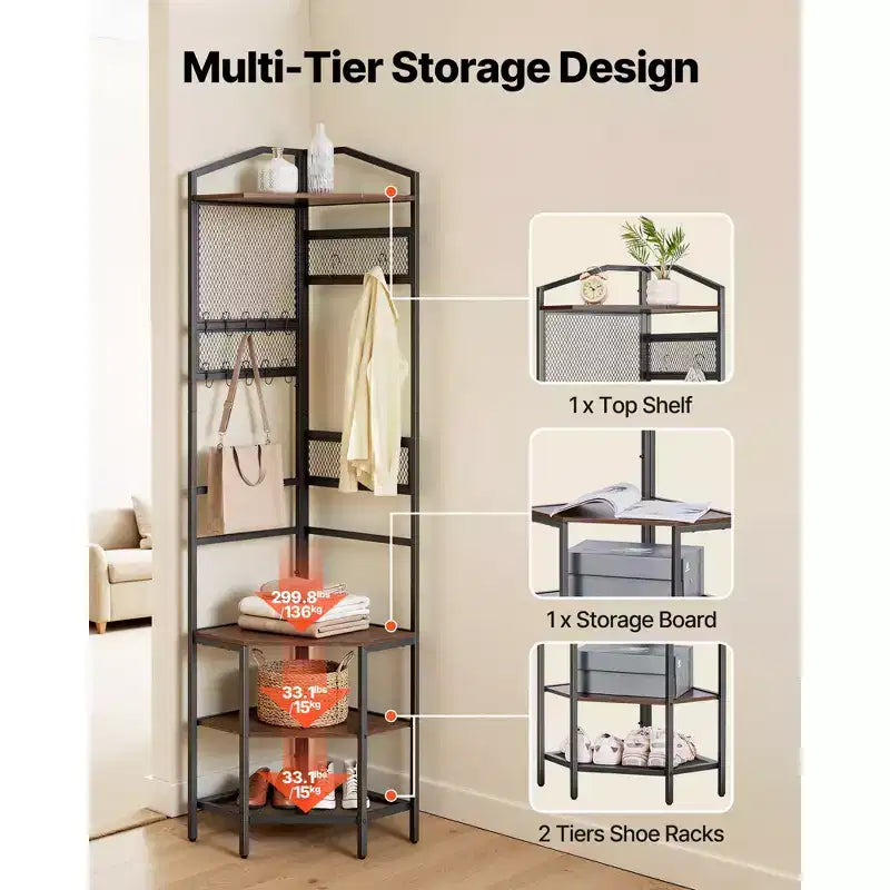 VEVOR Albero Appendiabiti ad Angolo, Appendiabiti da 181 cm con Ganci, Ripiano Superiore e Struttura in Acciaio, Organizzatore Porta Scarpe e Vestiti Autoportante, Nero+Marrone
