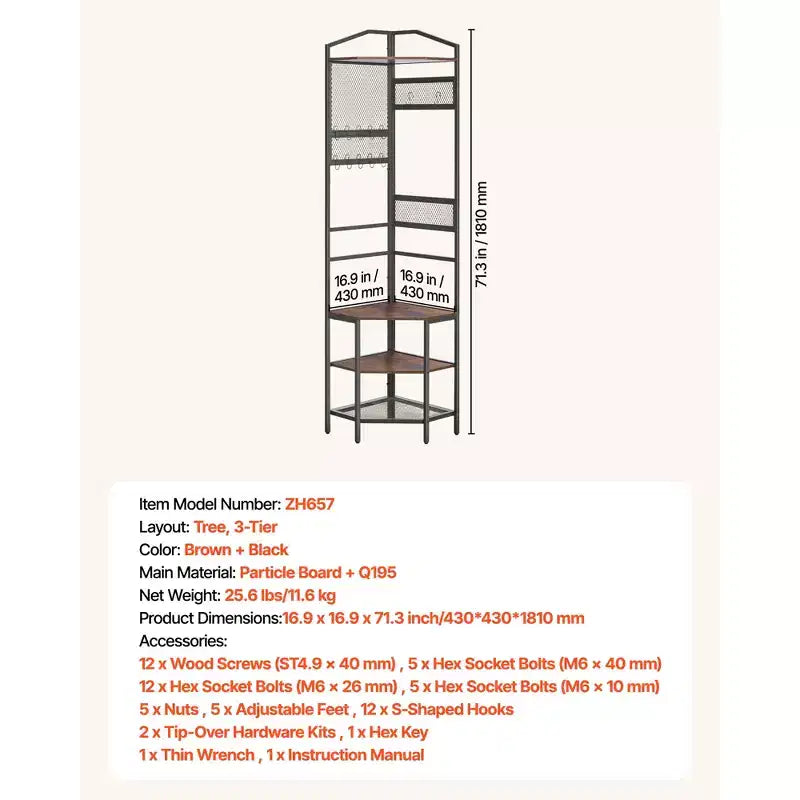VEVOR Albero Appendiabiti ad Angolo, Appendiabiti da 181 cm con Ganci, Ripiano Superiore e Struttura in Acciaio, Organizzatore Porta Scarpe e Vestiti Autoportante, Nero+Marrone