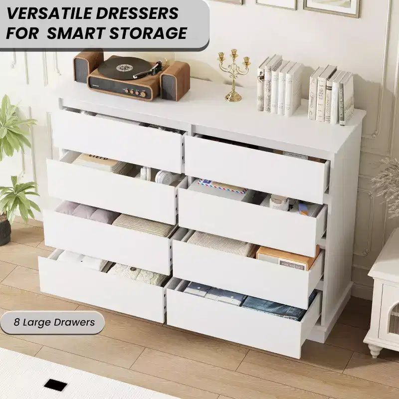 Cassettiera doppia grande a 8 cassetti con cassetti profondi e piano ampio, Organizer orizzontale in legno per soggiorno, corridoio, ingresso e ufficio