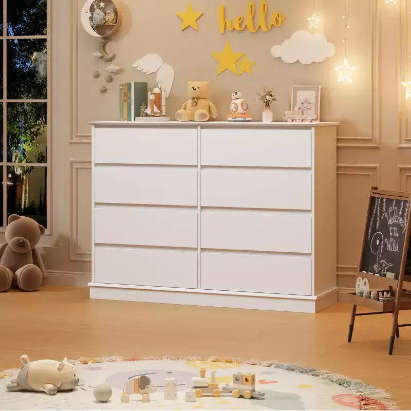 Cassettiera doppia grande a 8 cassetti con cassetti profondi e piano ampio, Organizer orizzontale in legno per soggiorno, corridoio, ingresso e ufficio