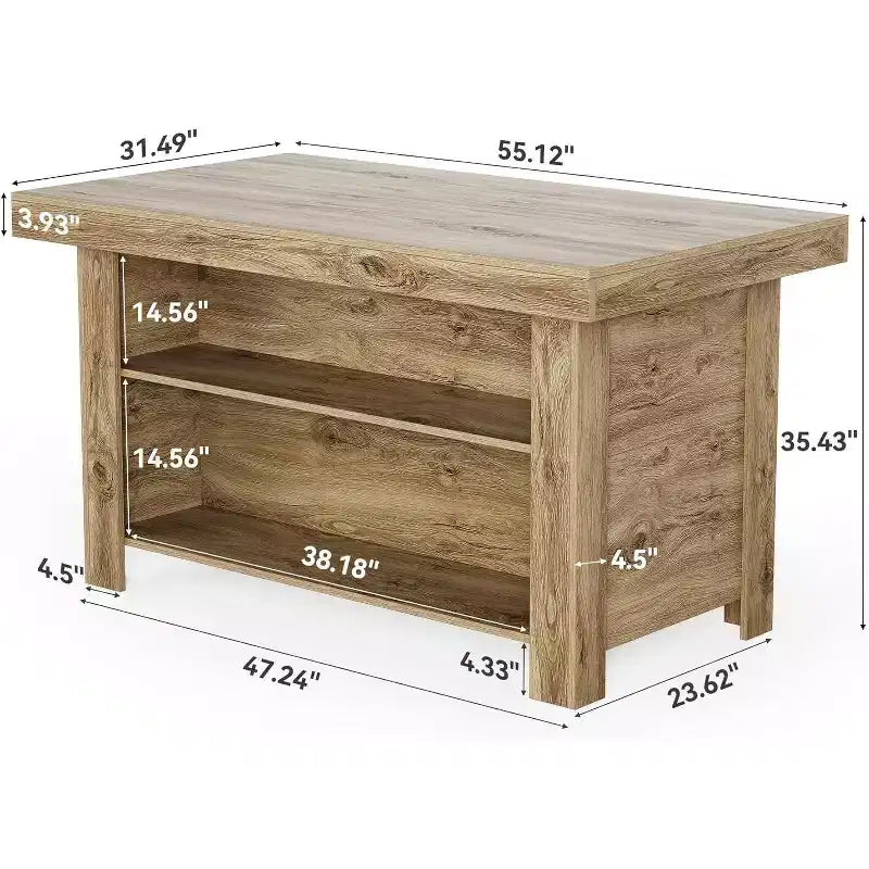 Isola da cucina da 55 pollici con contenitore, tavolo a isola fisso in legno a 3 livelli, tavolo da bar moderno con ripiano portaoggetti per cucina, marrone rustico