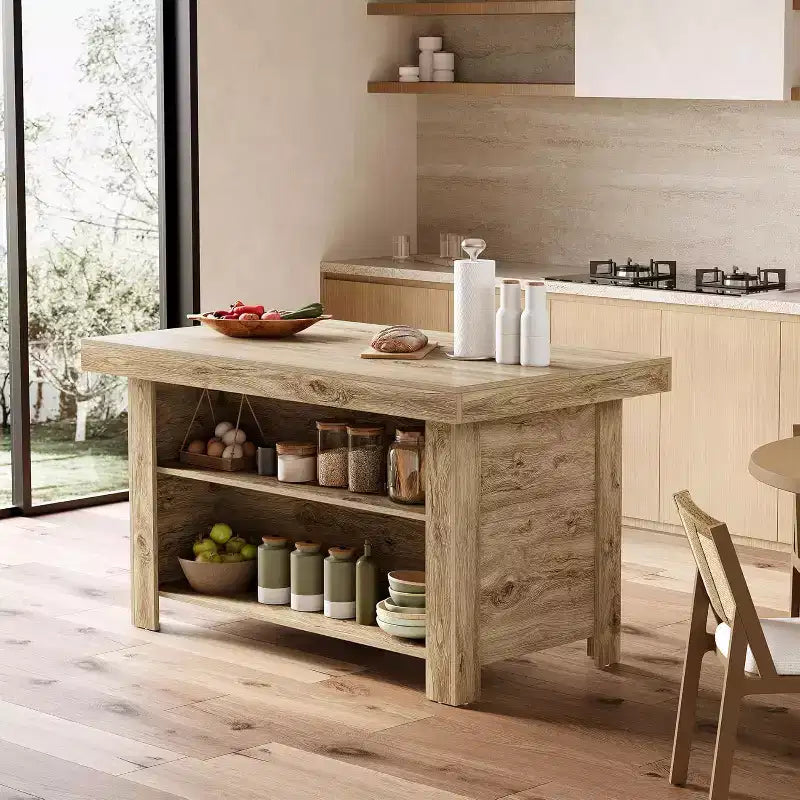 Isola da cucina da 55 pollici con contenitore, tavolo a isola fisso in legno a 3 livelli, tavolo da bar moderno con ripiano portaoggetti per cucina, marrone rustico