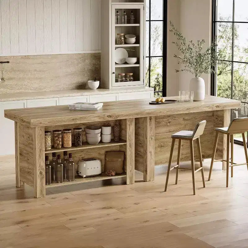 Isola da cucina da 55 pollici con contenitore, tavolo a isola fisso in legno a 3 livelli, tavolo da bar moderno con ripiano portaoggetti per cucina, marrone rustico
