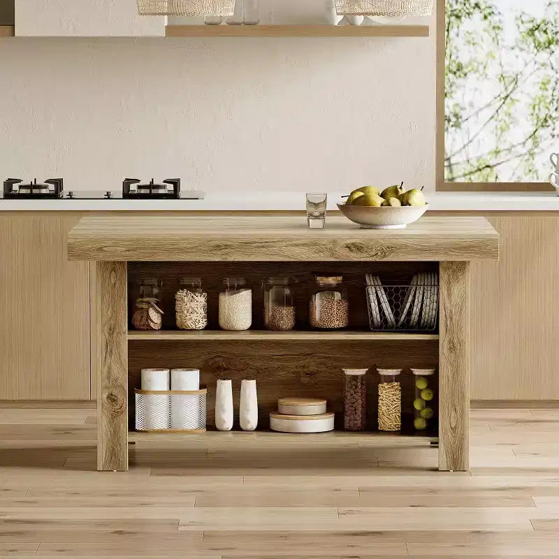 Isola da cucina da 55 pollici con contenitore, tavolo a isola fisso in legno a 3 livelli, tavolo da bar moderno con ripiano portaoggetti per cucina, marrone rustico
