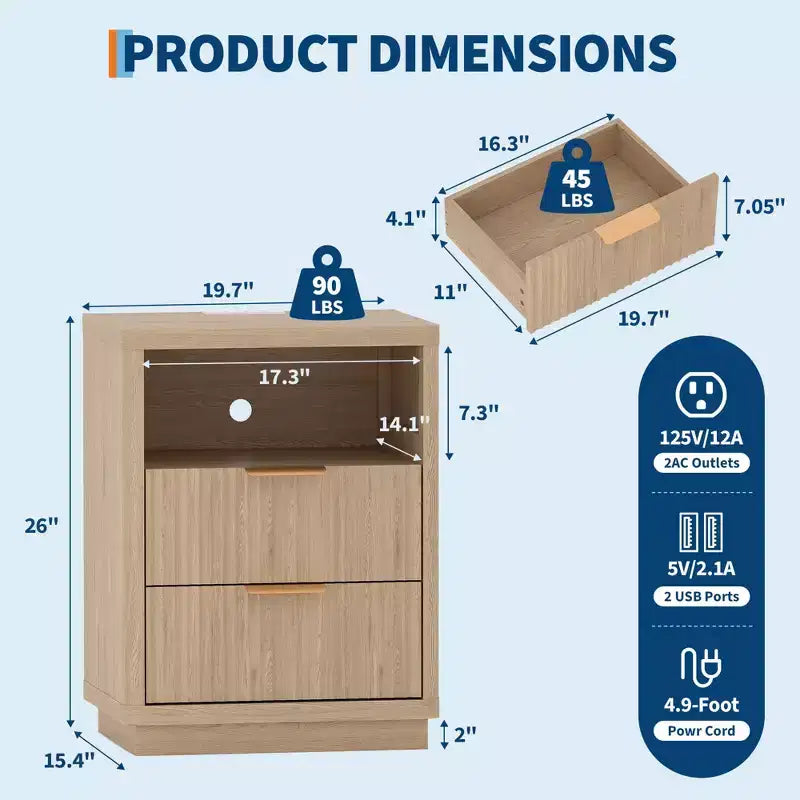 Comodino scanalato con 2 cassetti, tavolino da notte moderno di metà secolo con bordi curvi, tavolino in legno per camera da letto e soggiorno, colore legno naturale