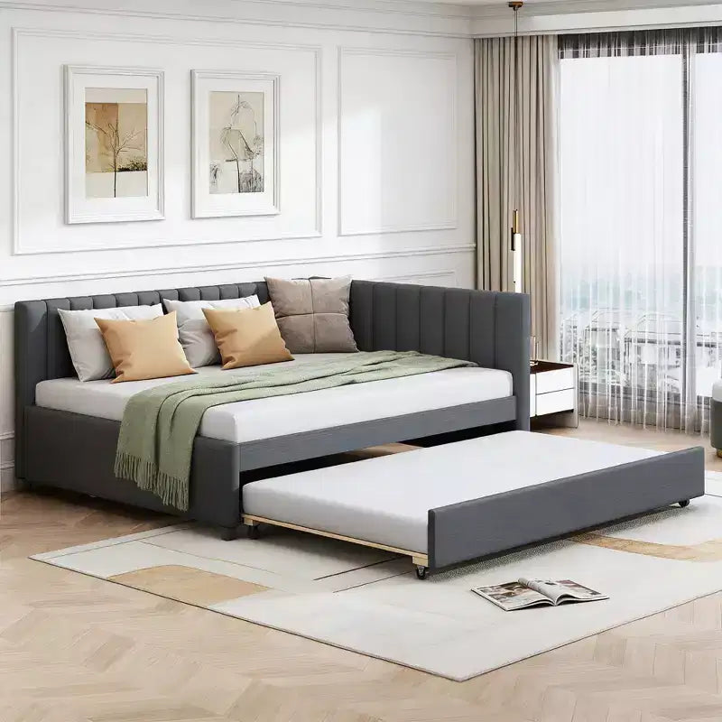 Moderno divano letto in lino imbottito a grandezza naturale con letto estraibile