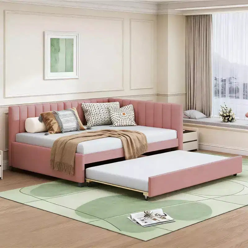 Moderno divano letto in lino imbottito a grandezza naturale con letto estraibile