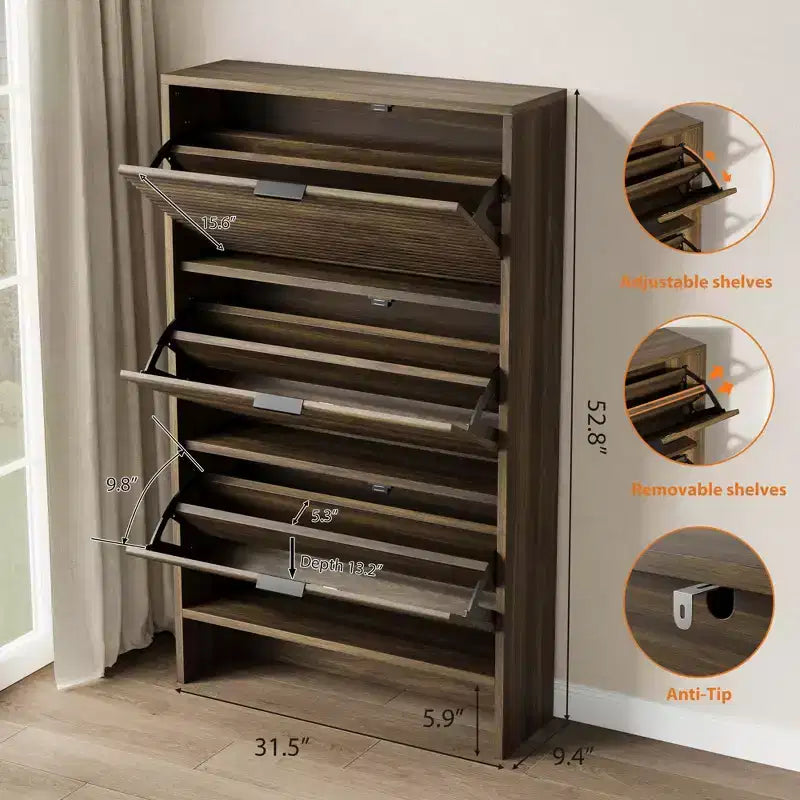 Scarpiera autoportante da 32 pollici ampia e alta, con 3 cassetti a ribalta e scanalature, per ingresso, corridoio e casa