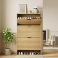 32 Wide Tall Fluted Shoe Storage Cabinet with 3 Flip Drawers, Freestanding Shoe Organizer for Entryway, Hallway and Home